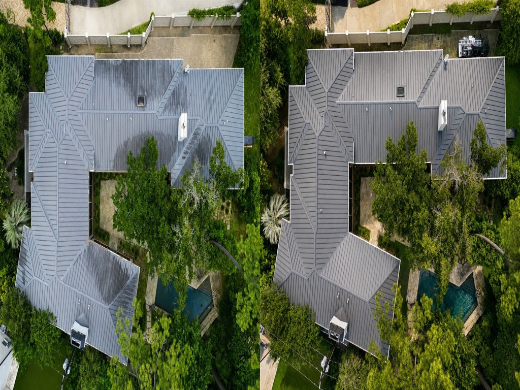Before and after roof soft washing showing algae streak removal